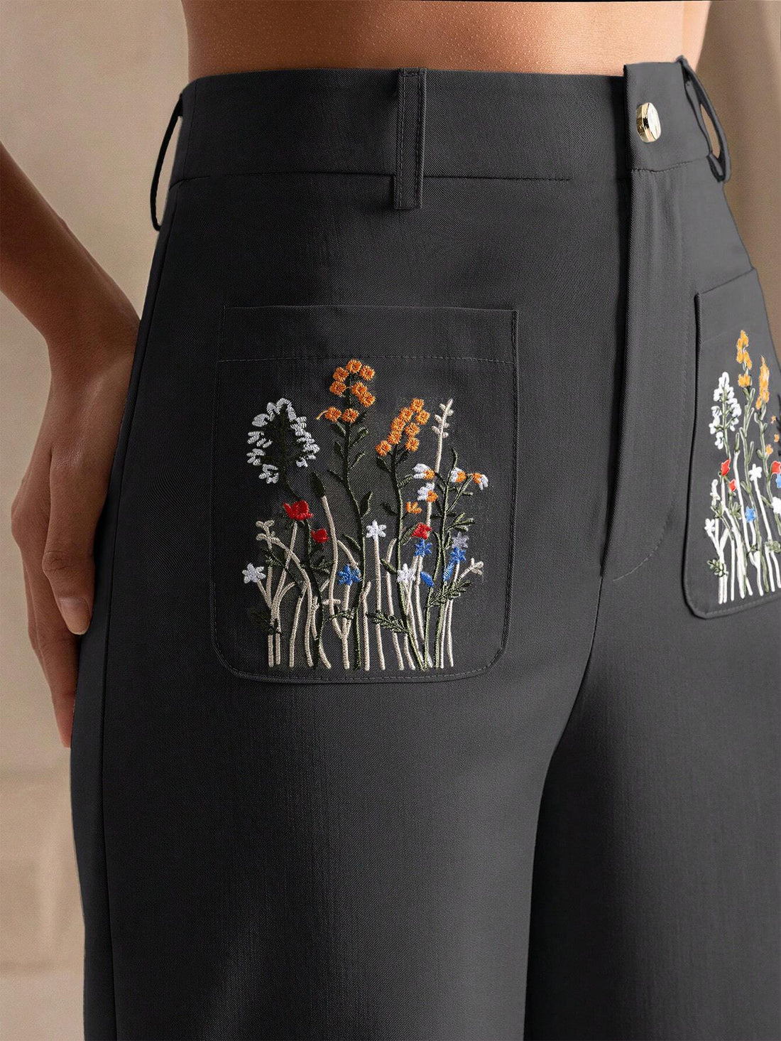 Elegant Wide-Leg Trousers with Floral Embroidered Front Pockets