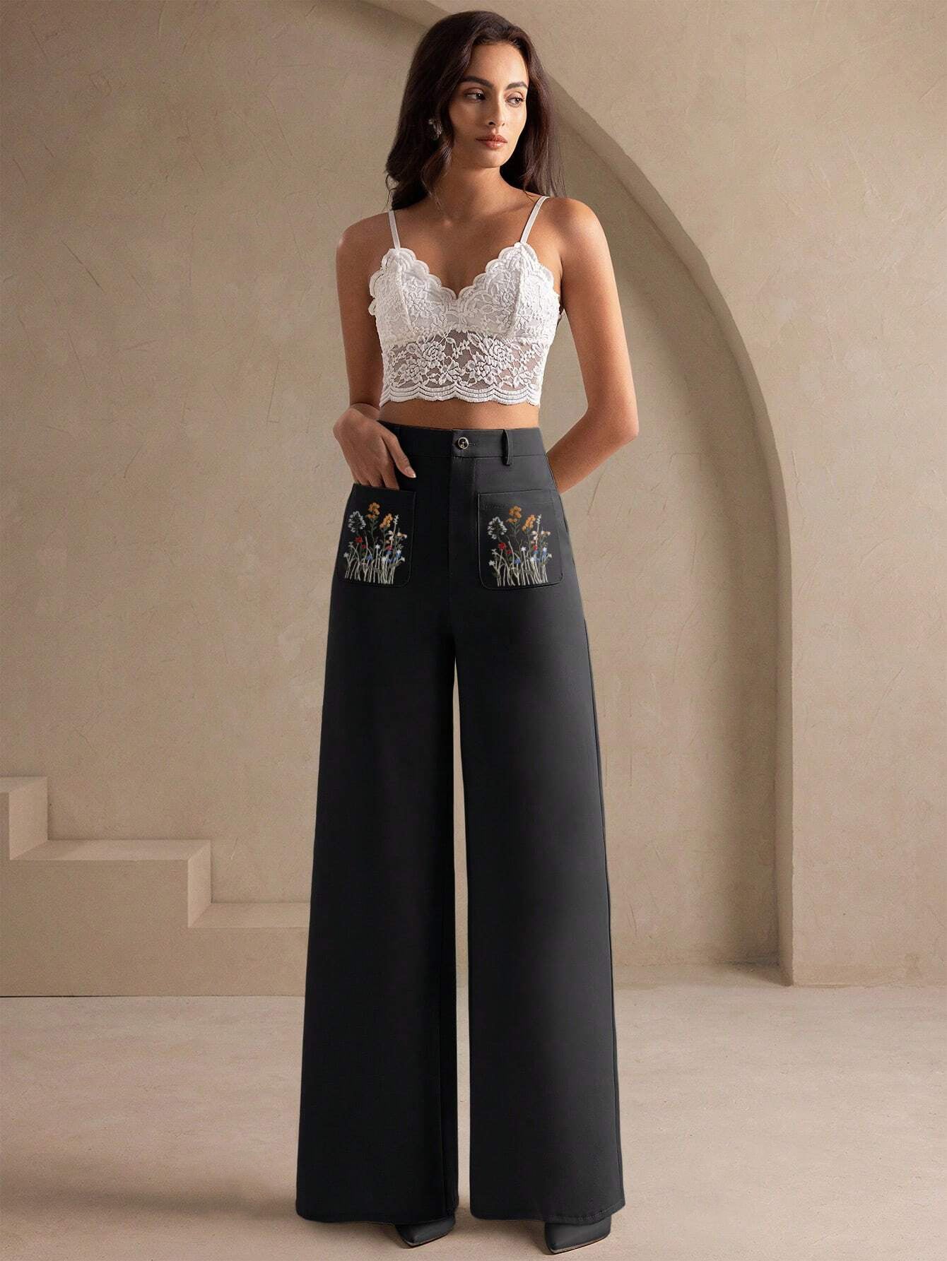 Elegant Wide-Leg Trousers with Floral Embroidered Front Pockets