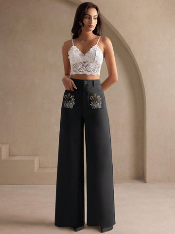 Elegant Wide-Leg Trousers with Floral Embroidered Front Pockets