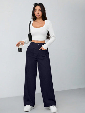 Women's Wide Leg Trousers Pants with Front Patch Pockets