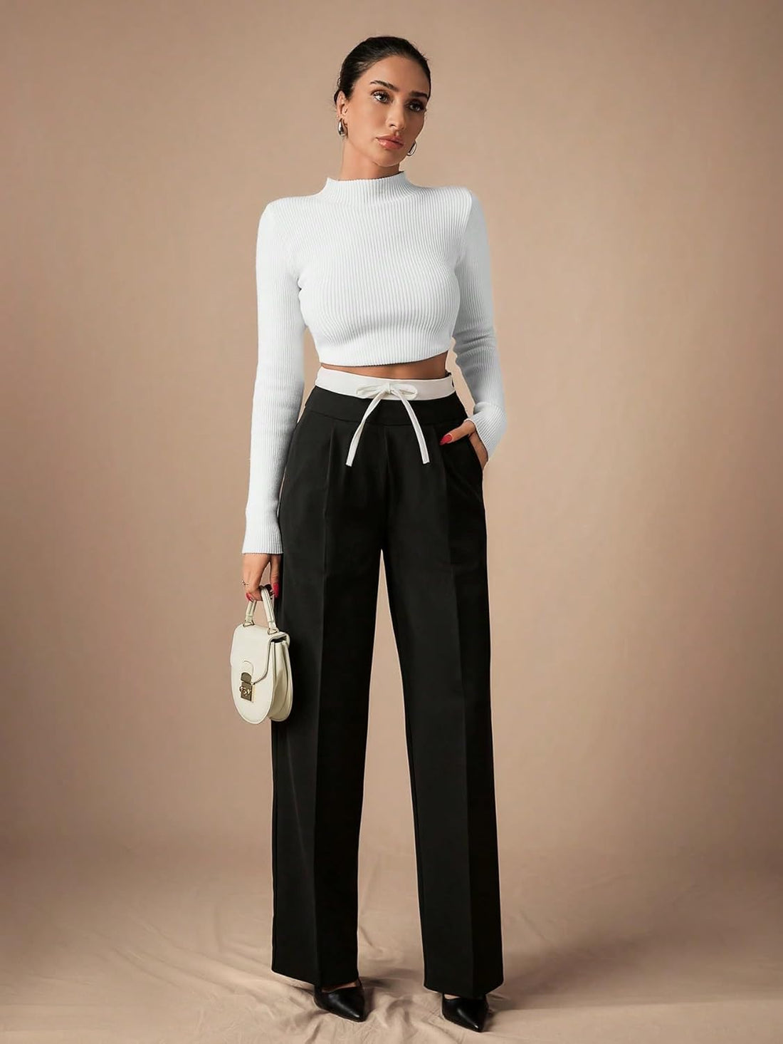 SAKHWALA Trouser for Women's | Wide Leg High Waist Formal Pants for Women Office Wear | Color Block Weistbend | Stylish Western Bottoms for Girls & Ladies