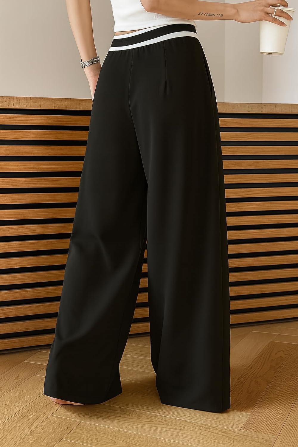 SAKHWALA Trouser for Women | High-Waist Wide‑Leg with Striped Elastic Waistband & Adjustable Tie Belt – Trousers for Casual, Office & Travel