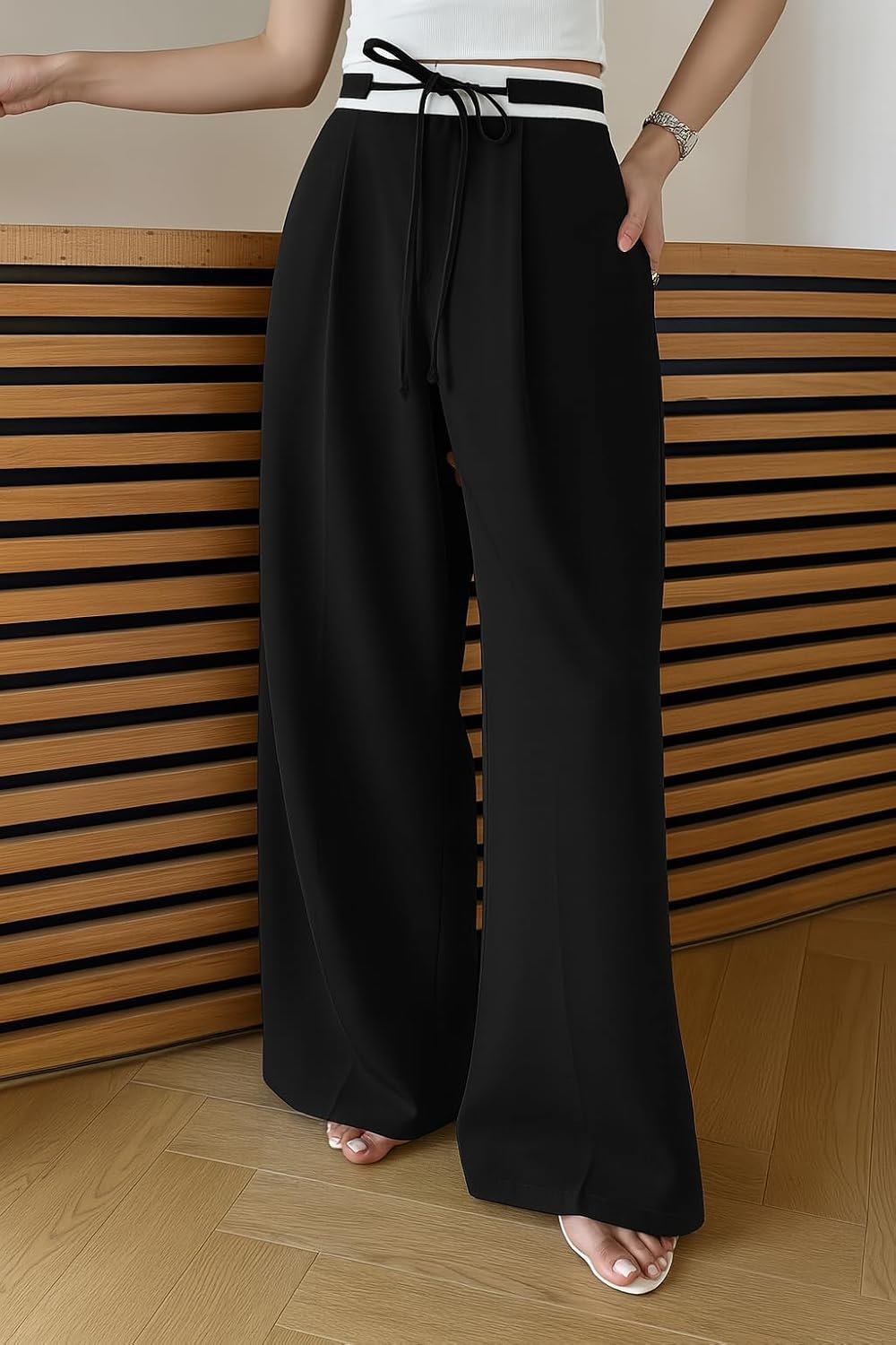 SAKHWALA Trouser for Women | High-Waist Wide‑Leg with Striped Elastic Waistband & Adjustable Tie Belt – Trousers for Casual, Office & Travel