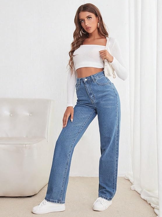 Blue Vintage Style High-Waisted Wide-Leg Casual Denim Pants