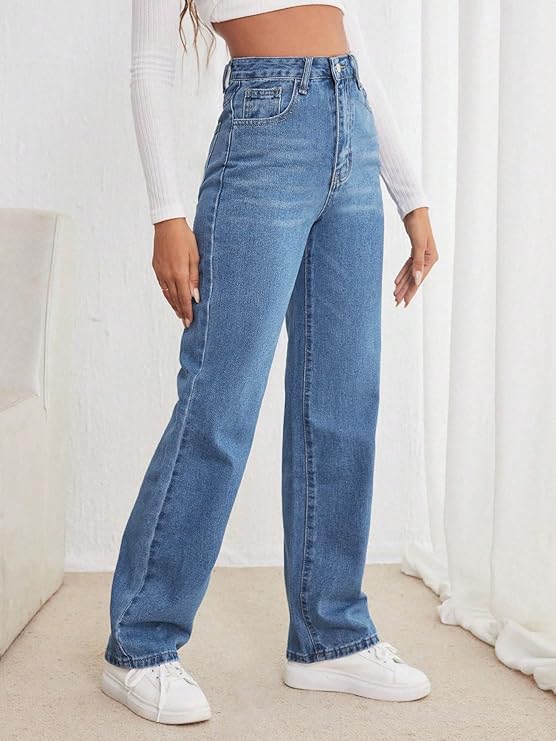 Blue Vintage Style High-Waisted Wide-Leg Casual Denim Pants